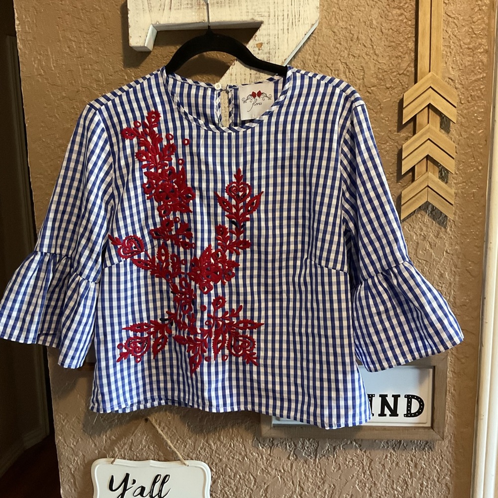 Flores Blue White Gingham Red Floral Embroidery Top Women’s Size Large